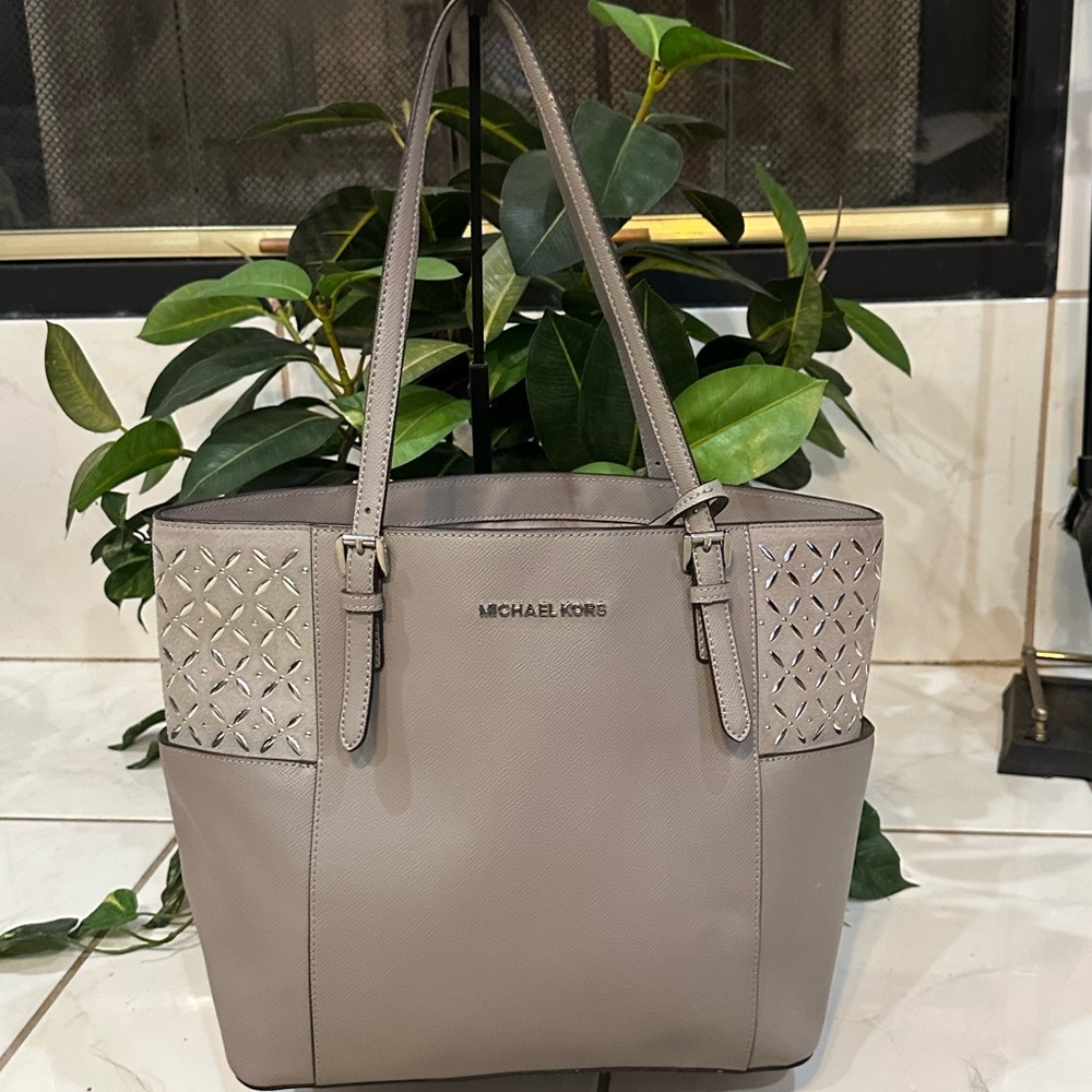 Michael Kors Taupe Leather Tote with Laser-Cut Side Panels